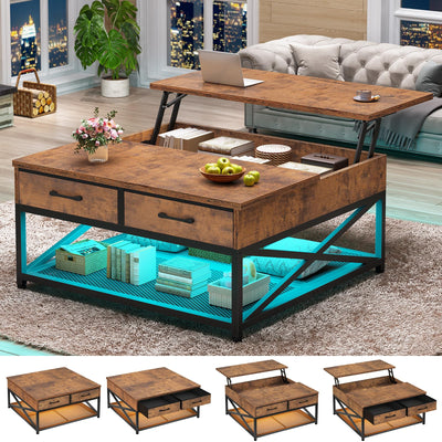 Itaar 31.5" Lift Top Coffee Table with Storage, Square Coffee Tables for Living Room, Coffee Table with 2 Fabric Drawers & Large Storage Shelvs, Rustic Brown