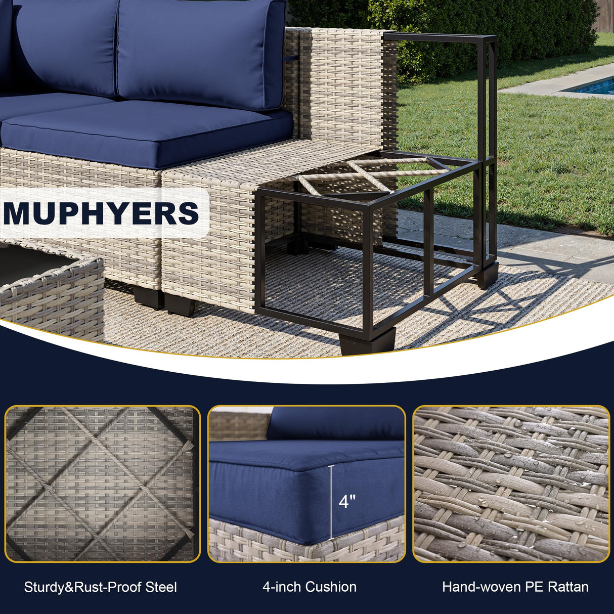 Muphyers 13-Piece Outdoor Patio Furniture Set with Rocking Swivel Chair, Wicker Rattan Sectional Sofa Conversation Set with 55,000 BTU Fire Pit Table with Ottomans, Backyard Furniture, Navy Blue Muphyers