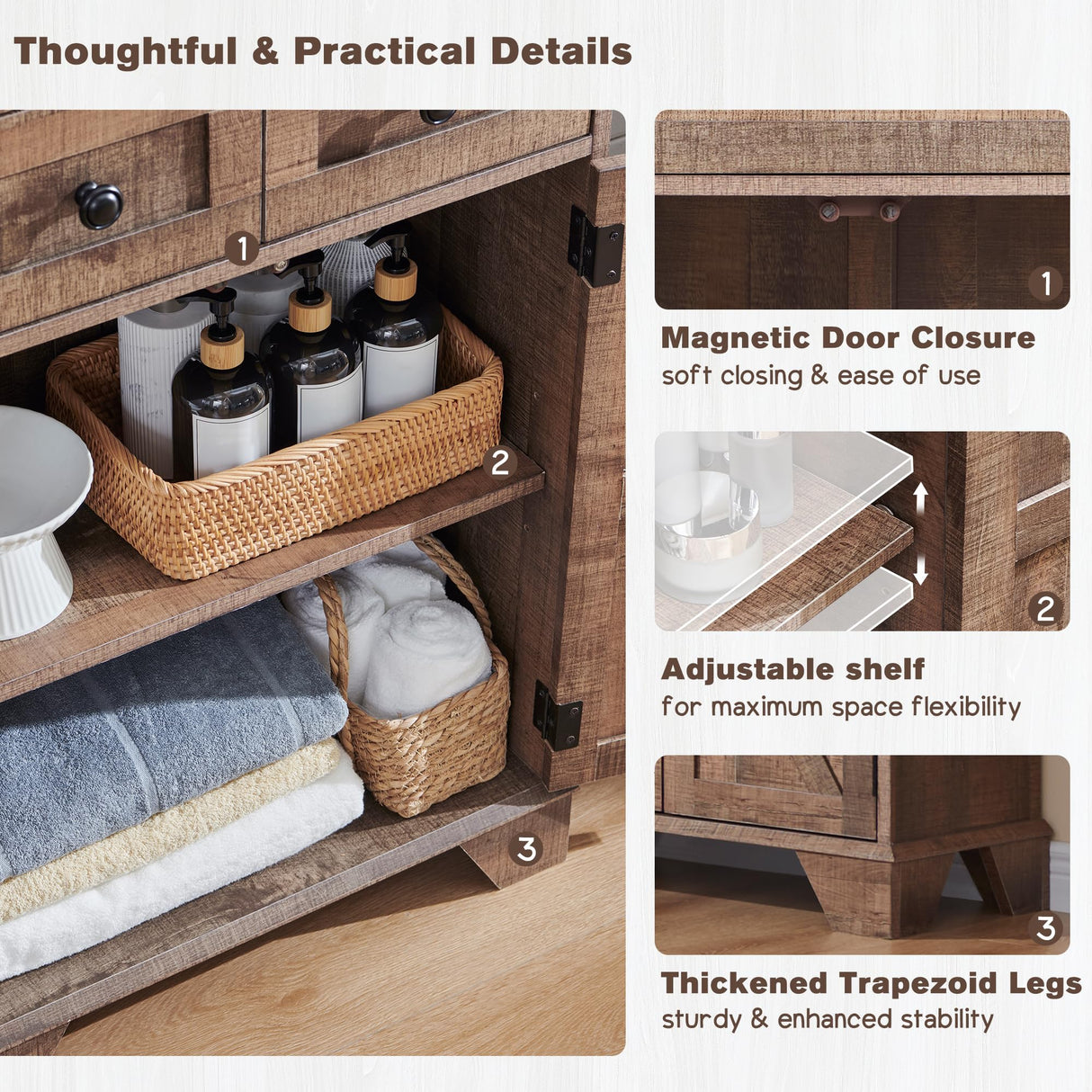 ACCOHOHO Bathroom Floor Cabinet, Farmhouse Bathroom Storage Cabinet, 24" Wide Bathroom Cabinet with Drawer, Adjustable Shelf, Barn Doors, Cabinet for Bathroom, Kitchen, Living Room, Rustic Brown ACCOHOHO