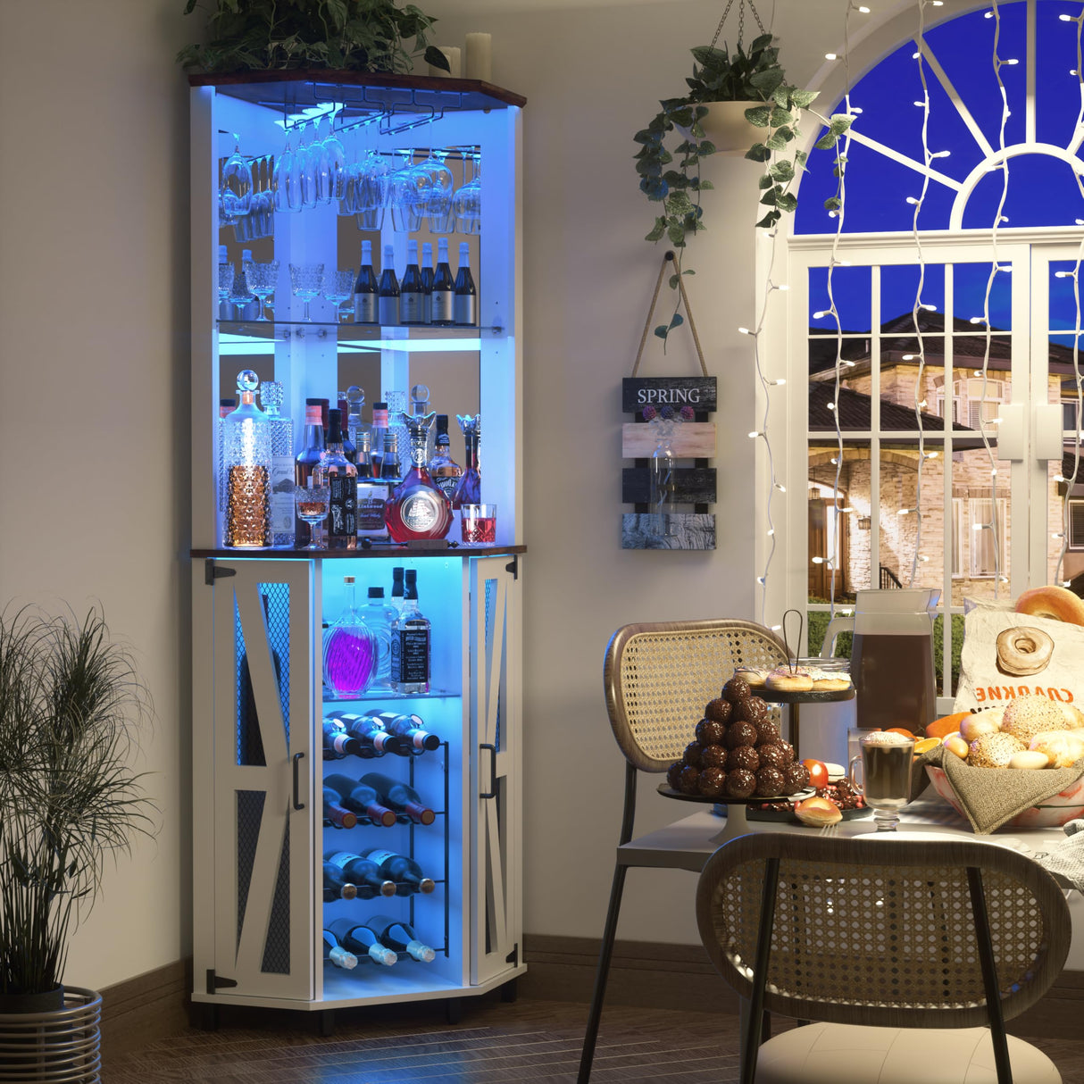 Oransail 68.9“ Tall Corner Bar Cabinet, Wine Bar with LED Light and Mirror, Farmhouse Liquor Cabinet with Adjustable Shelf & Glass Rack, for Dining Room, Living Room Oransail