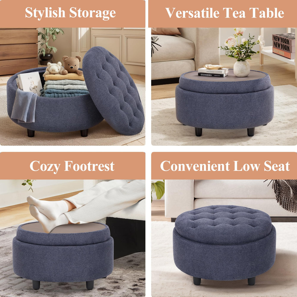 COLAMY Fabric Round Storage Ottoman with Reversible Tray Lid – Multi-Functional Footrest, Hidden Storage, Sturdy & Stylish Small Coffee Table for Living Room, Bedroom, or Entryway(Blue) COLAMY