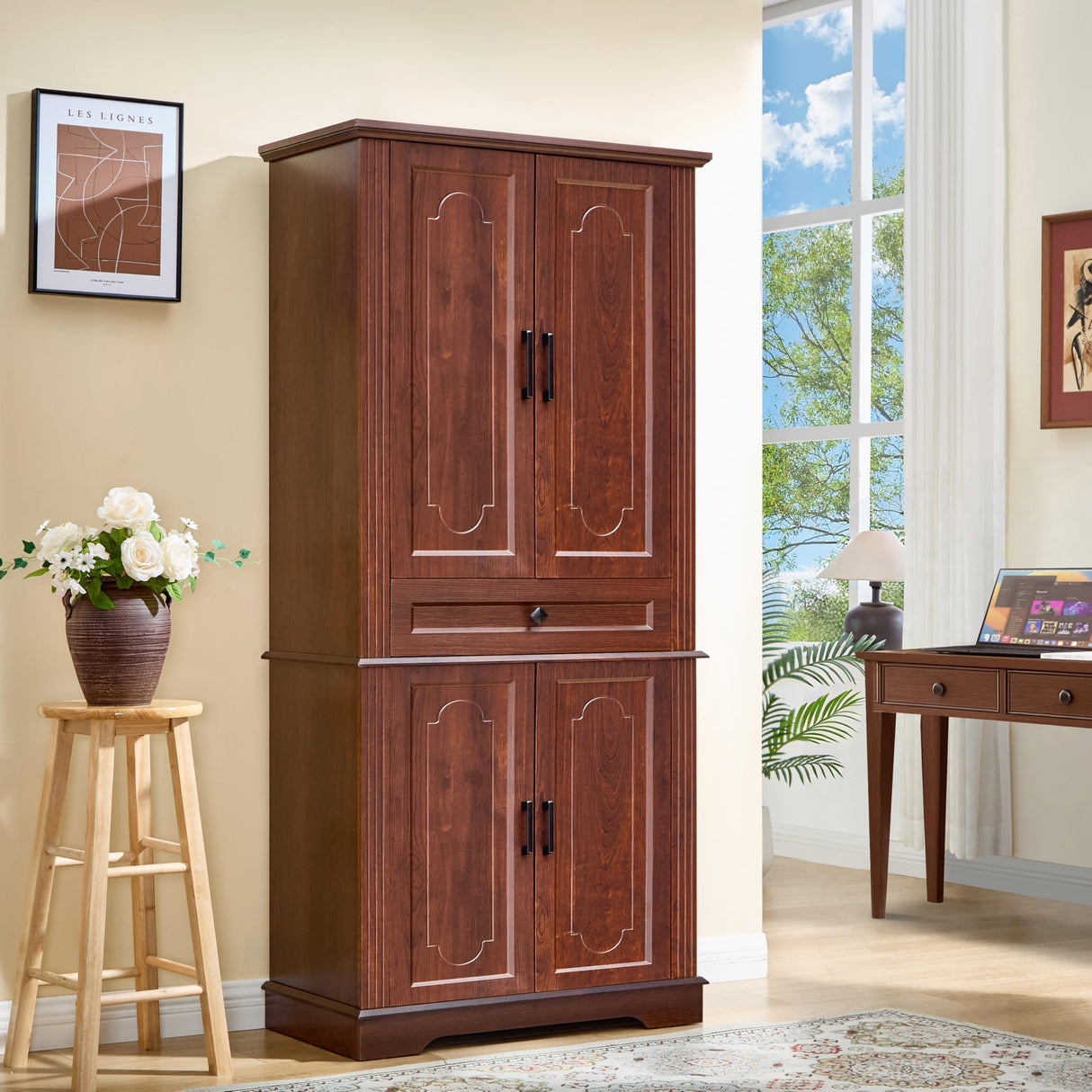 71" Tall Pantry Cabinet with Drawer and Adjustable Shelves, Modern Storage Cabinet with Doors, Kitchen Buffet Cabinet, Food Pantry Storage Cabinet, Coffee Bar, Living Room and Dining Room Cherry LIDYUK