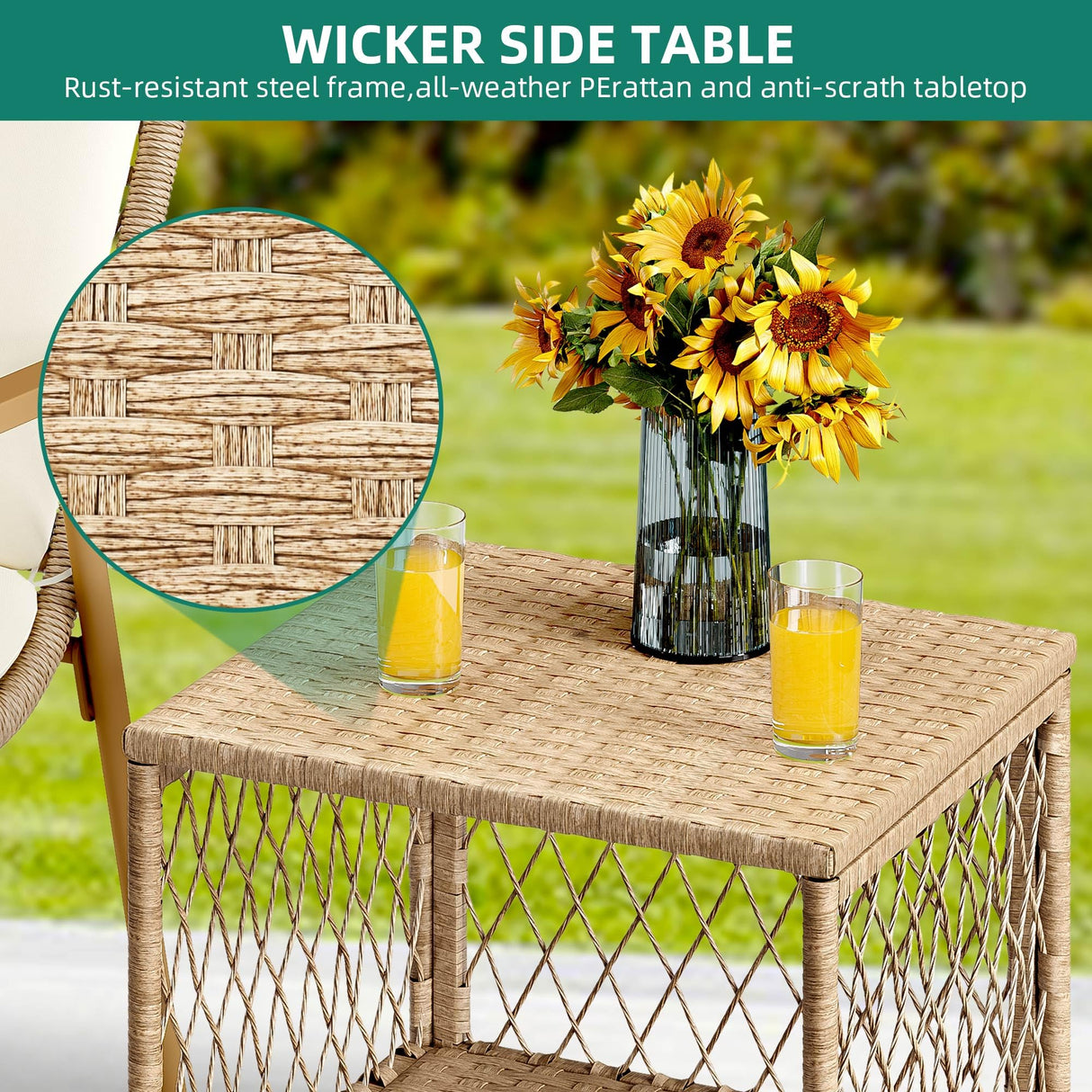 YITAHOME 5 Piece Patio Bistro Set, Outdoor Rattan Conversation Set with 2 Ottomans and Square Coffee Side Table, All Weather Wicker Boho Furniture Set for Balcony Lawn Garden Backyard Poolside (Beige) YITAHOME