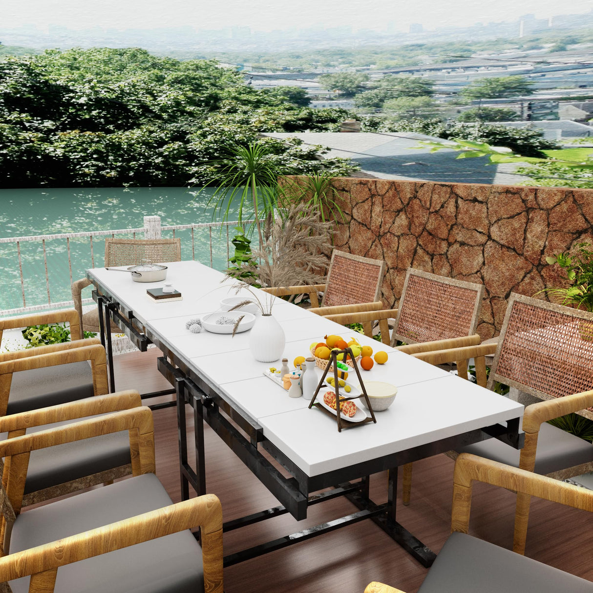 RELAHOGAR Convertible Dining Table, Multipurpose Mahogany Storage Shelf, 2 in 1 Bookshelf to Kitchen Table, Space Saving Transformer Shelf Table for Dining Room, Living Room, White RELAHOGAR