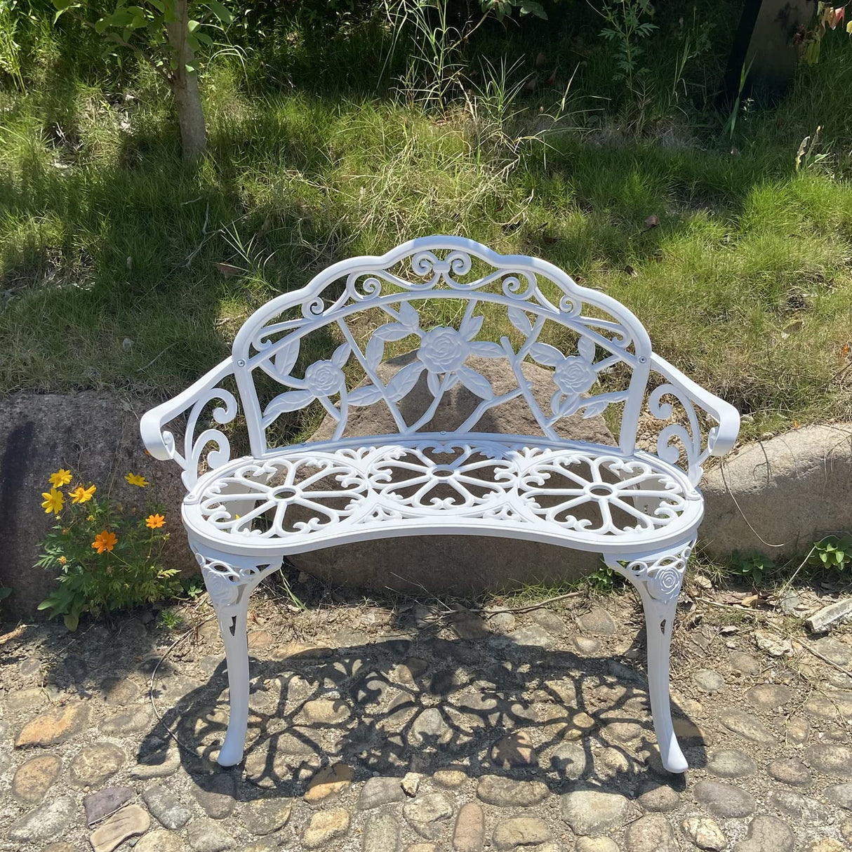 KAILI Garden Bench, Metal Aluminum Rose, Suitable for Garden Porch Park Front Porch Balcony Outdoor (White) KAILI