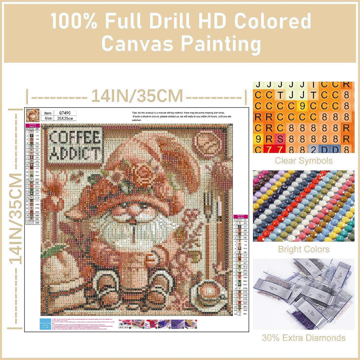 LWZAYS Gnome Diamond Art Kits for Adults, Coffee Drinks Diamond Painting Art Kits for Beginner, DIY 5D Full Drill Crystal Rhinestone Round Gem for Home Wall Decor 14x14 Inch LWZAYS