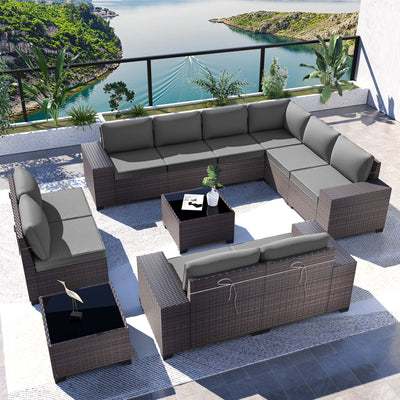 Kullavik Outdoor Patio Furniture Set,12 Pieces Sectional Rattan Sofa Set Brown PE Rattan Wicker Patio Conversation Set with 10 Seat Cushions and 2 Tempered Glass Coffee Table,Grey