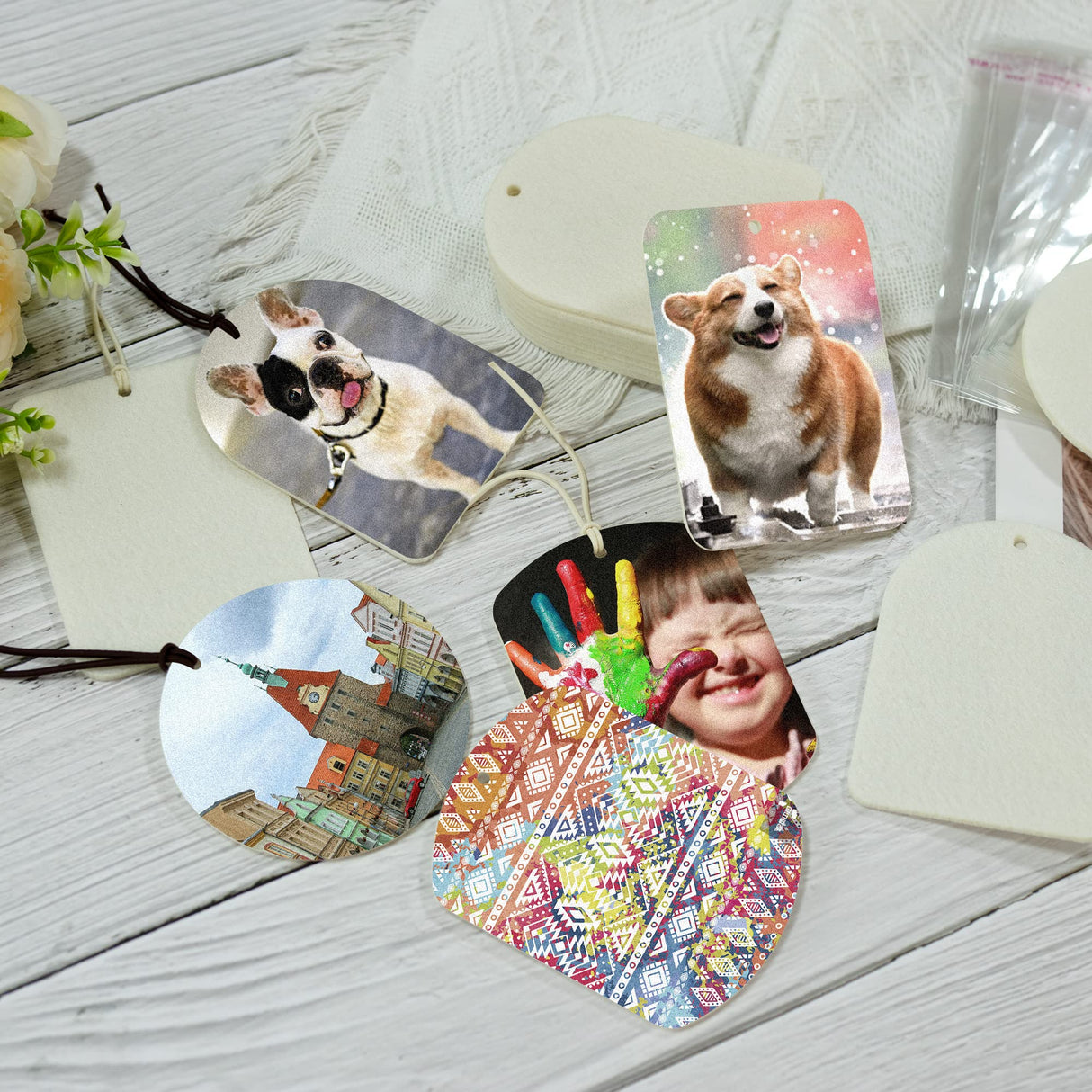 Temlum 40 Pcs Sublimation Blanks Products with Elastic Rope, Clear Bag, Sublimation Blanks for Air Freshener Car Home Hanging Decoration Sublimation Accessories Temlum