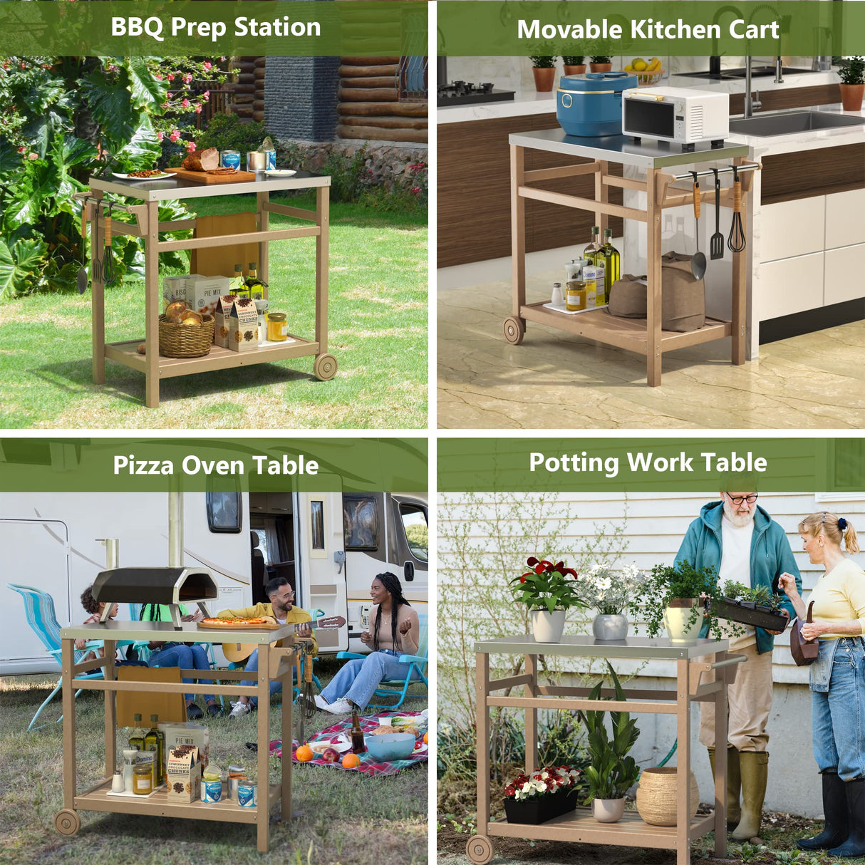 TORVA Outdoor Prep Grill Carts, 303 Stainless Steel Tabletop with High Load Capacity Portable BBQ Table, HDPE Durable Frame 2-Tier Storage Cart, Wood TORVA