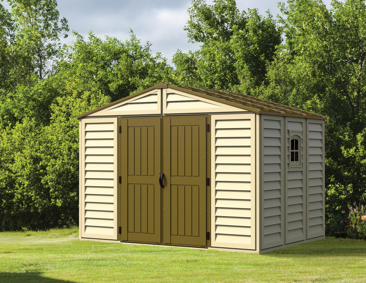 Duramax Woodbridge Plus 10.5 x 8 (8.02 m2) Plastic Garden Shed with 1 Fixed Window & Metal Foundation Kit, Strong Metal Roof Structure Fire Retardant and Maintenance-Free Storage Shed - Ivory/Brown DURAMAX