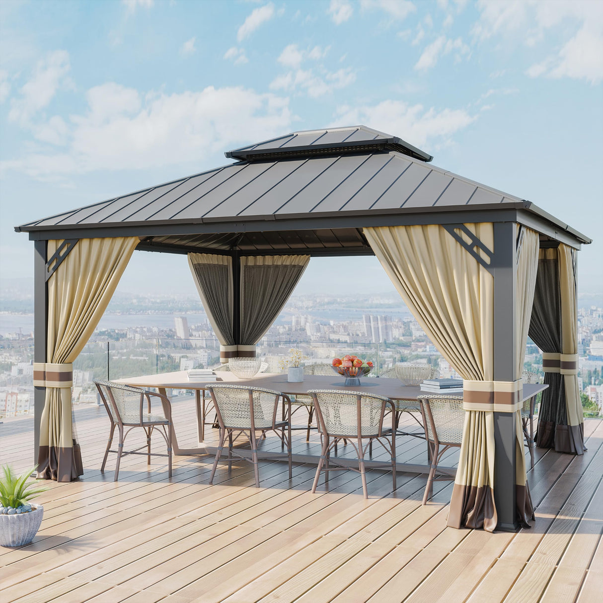 Kurapika 12' x 14' Hardtop Gazebo, Outdoor Metal Gazebo with Galvanized Steel Double Roof Canopy, Curtain and Netting, Aluminum Permanent Pavilion Gazebo for Patio, Backyard, Lawn, Sand Kurapika