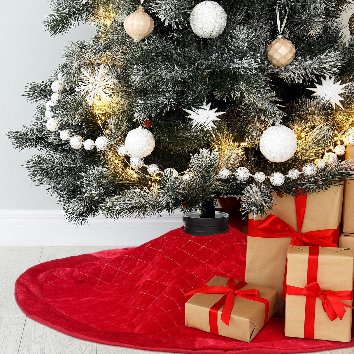 Outus 36 Inch Velvet Christmas Tree Skirt Fit for 5-7 ft Christmas Tree, Red Luxury Plush Fur Skirts with Lattice Center for Xmas Indoor Outdoor Decor Home Supplies Outus