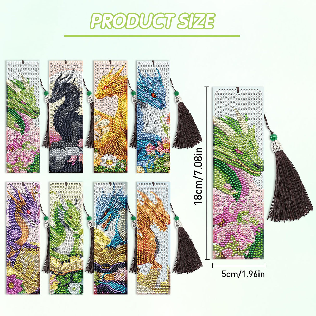 Dragon Diamond Art Bookmarks Kit: 8 Pcs Diamond Painting Bookmark with Tassels, Fantastic Dragon Book Marks for Book Lovers, Gifts for Reading Men DIY Crafts CRASHOT