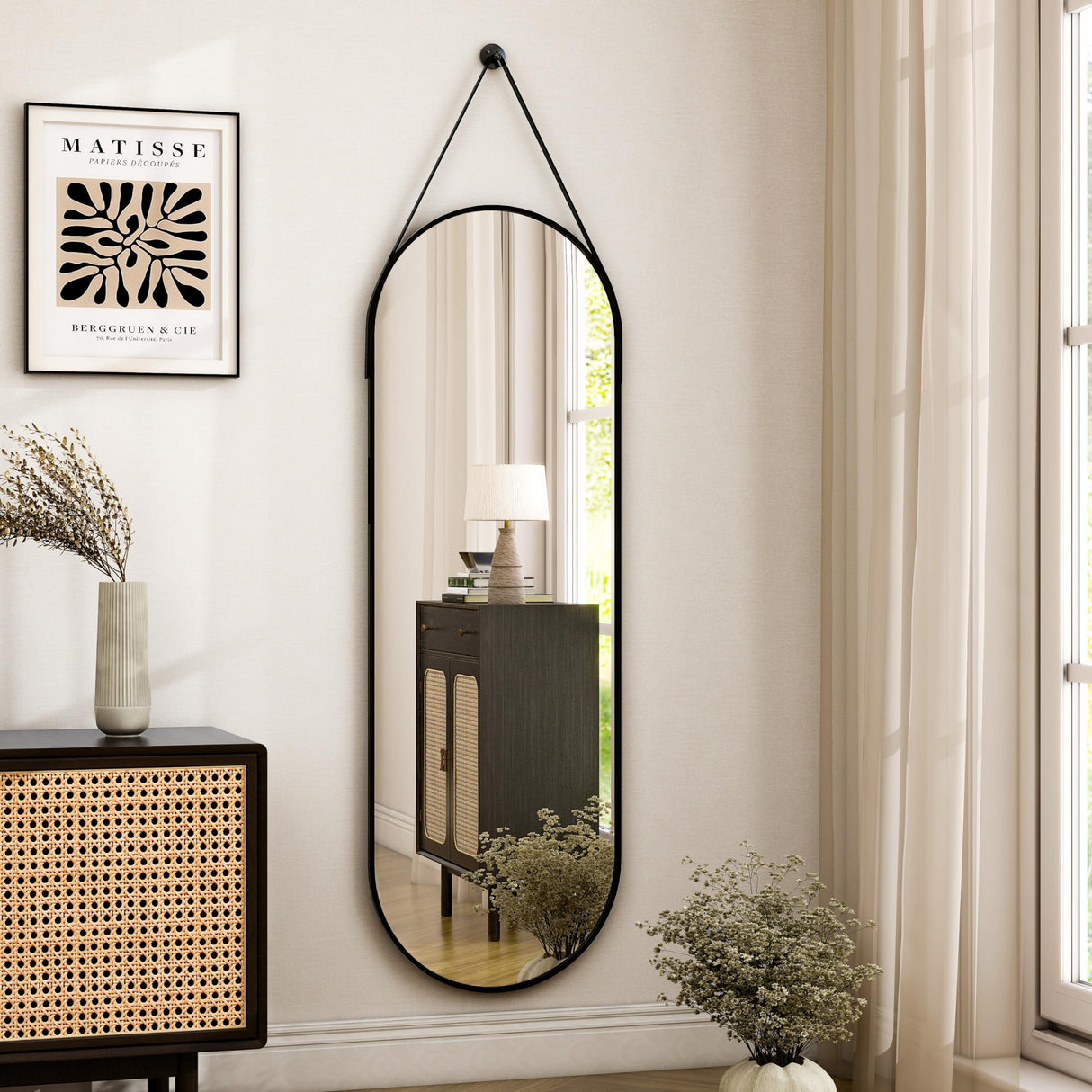 HARRITPURE 16"x48" Oval Hanging Mirror with Leather Strap Full Length Mirror Aluminum Frame Wall-Mounted Hanging Mirrors for Bathroom Vanity Living Room Bedroom Entryway Decor HARRITPURE