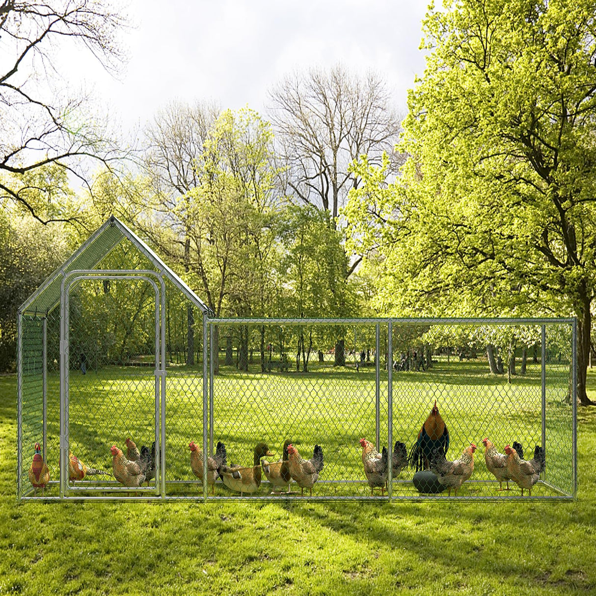 Large Metal Chicken Coop, Chicken Run with Cover, Walk-in Poultry Cage for Yard Outdoor Duck Rabbit Cage Hipicute