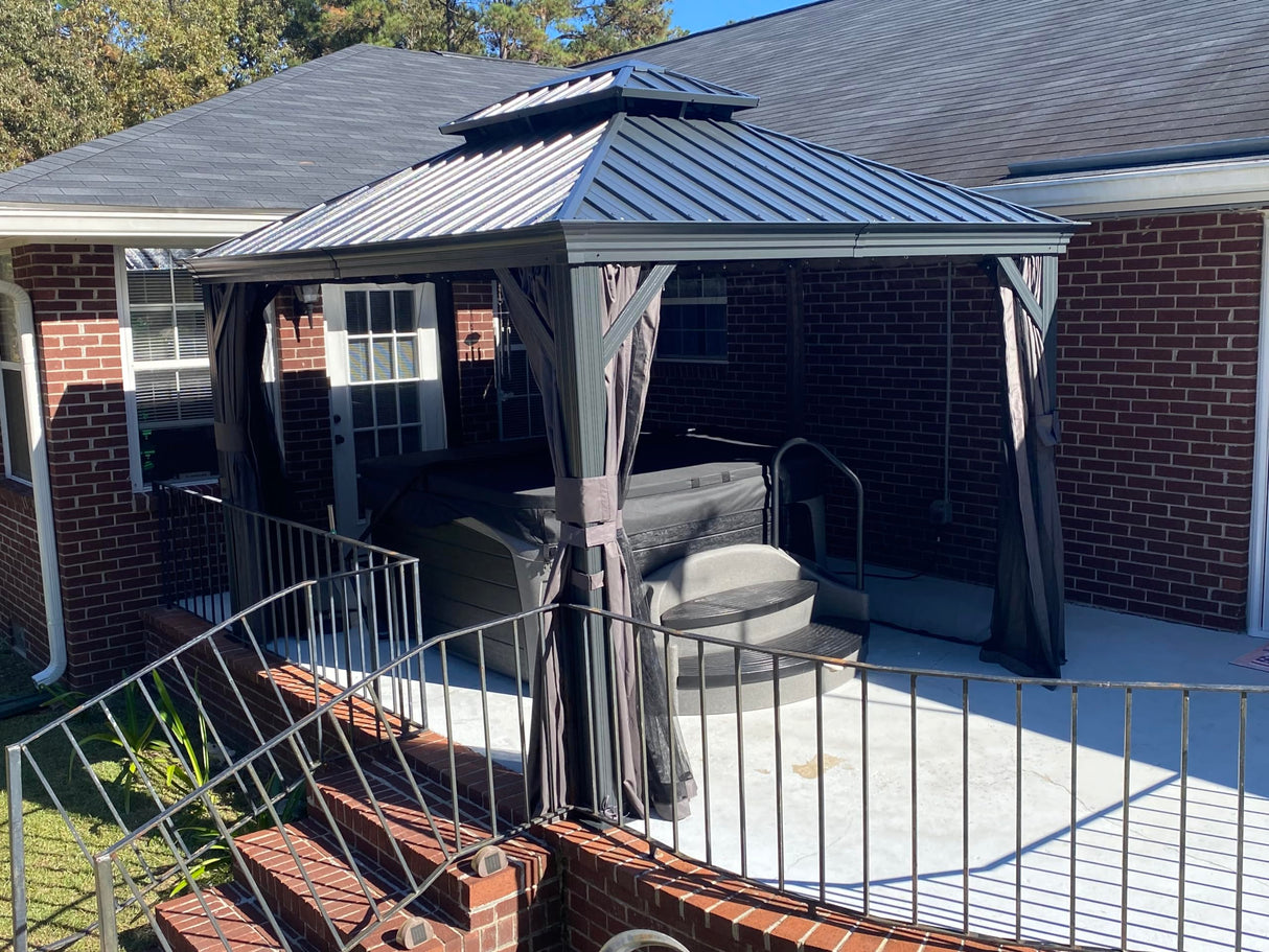 Domi 10'x12' Hardtop Gazebo Canopy,Outdoor Aluminum Gazebo with Galvanized Steel Double Roof,Permanent Gazebo with Drainage System,Curtain and Netting Included,Grey domi outdoor living