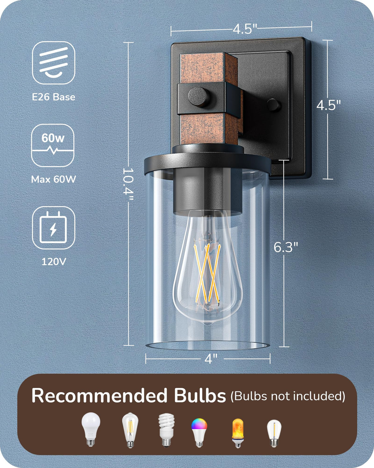 EDISHINE Wall Sconces Set of 2, Farmhouse Vanity Lights Fixtures for Bathroom, 1-Light Faux Wood Rustic Bath Wall Mount Lamp with Clear Glass Shade for Hallway, Living Room, Mirror, Kitchen EDISHINE