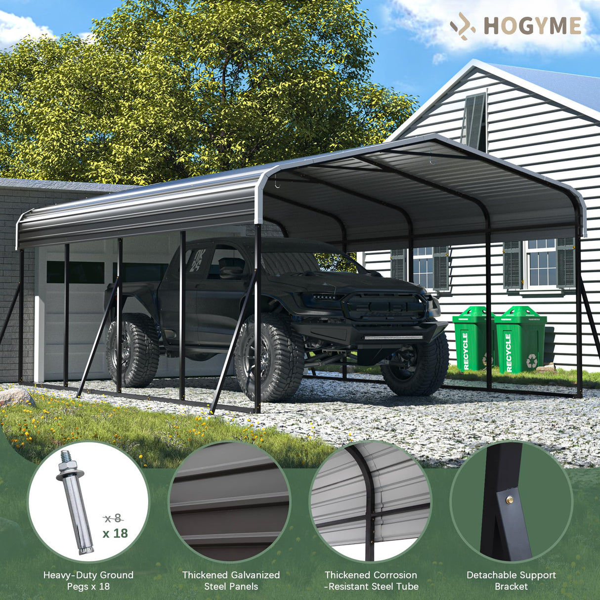 HOGYME Carport 12x20 FT Heavy Duty Carport Canopy with Updated Frame Structure Galvanized Steel Roof and Enhanced Base, Metal Carport Garage for Pickup, Boat, Car and Tractors, Grey HOGYME