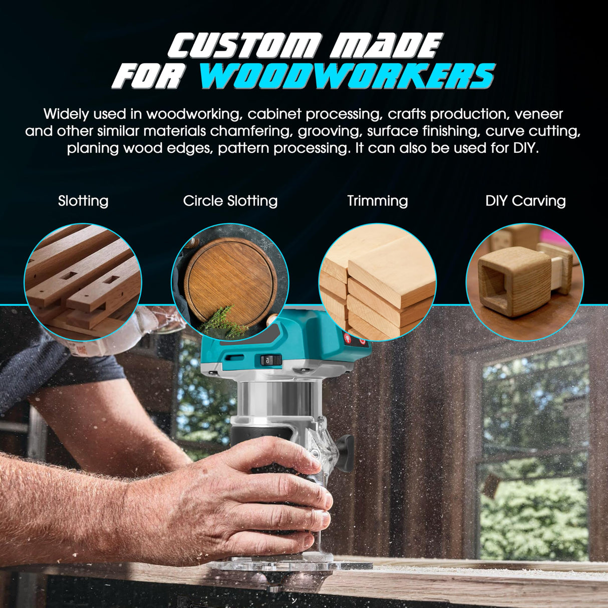 1/4" Cordless Compact Wood Router for Makita 18V Battery (Bare Tool), 6 Variable Speeds Fixed Base Palm Plunge Router with Trim Router Bits for Woodworking (Blue) Aoikoy