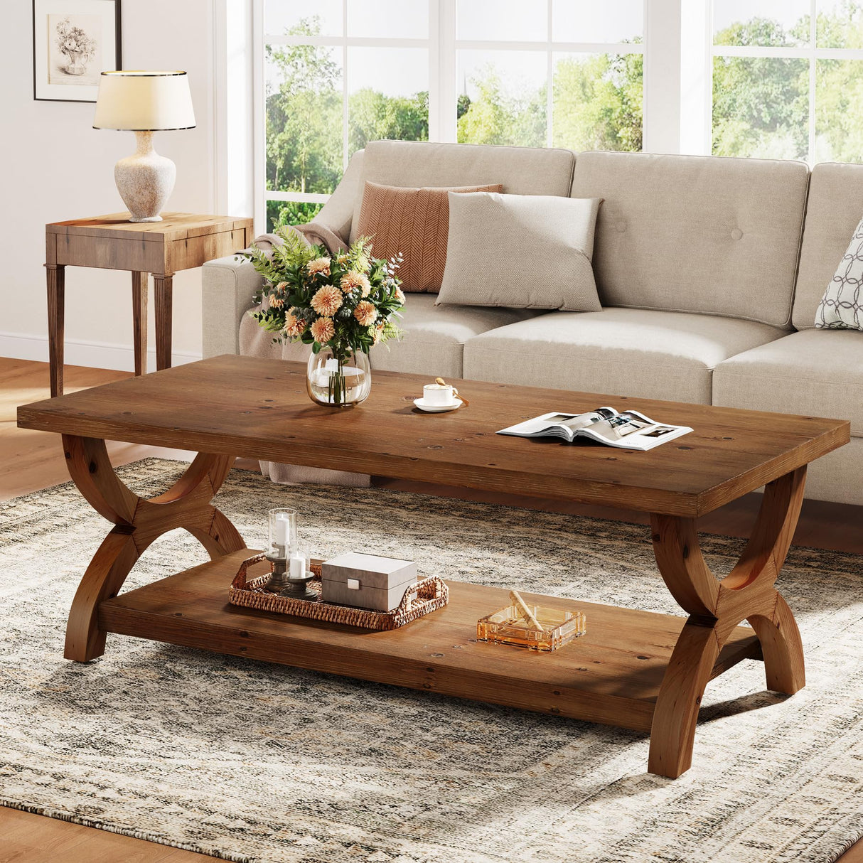 TRIBEWOOD Solid Wood Coffee Tables for Living Room, 47.2-Inch Farmhouse Rectangle Center Tea Table with Storage Shelf TRIBEWOOD