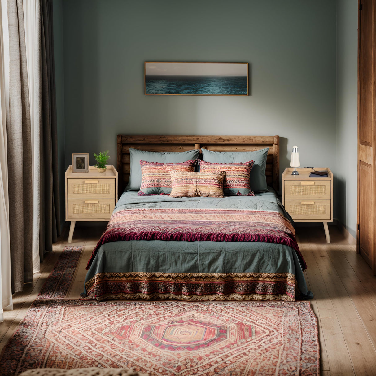 Finnhomy Nightstand with Charging Station, Bedside Table with 2 Hand Made Rattan Decorated Drawers, Night Stand with Storage for Bedroom, Natural Finnhomy