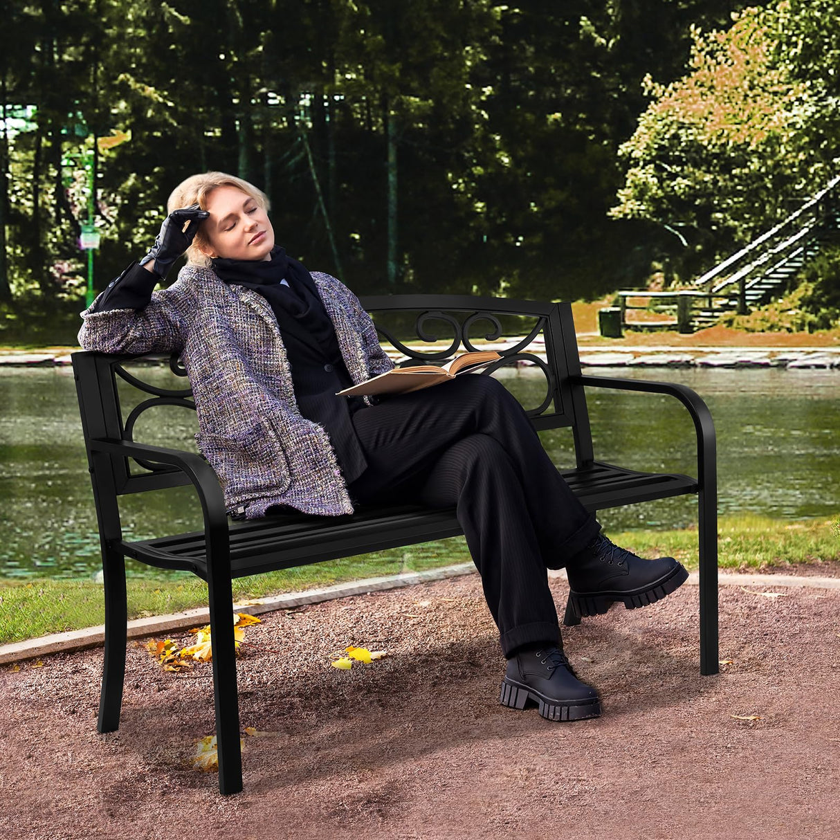 VEVOR Outdoor Bench, 50 inches Metal Garden Bench for Outdoors, 550 lbs Load Capacity Bench, Outdoor Garden Park Bench with Backrest and Armrests, Patio Bench for Garden, Park, Yard, Front Porch VEVOR