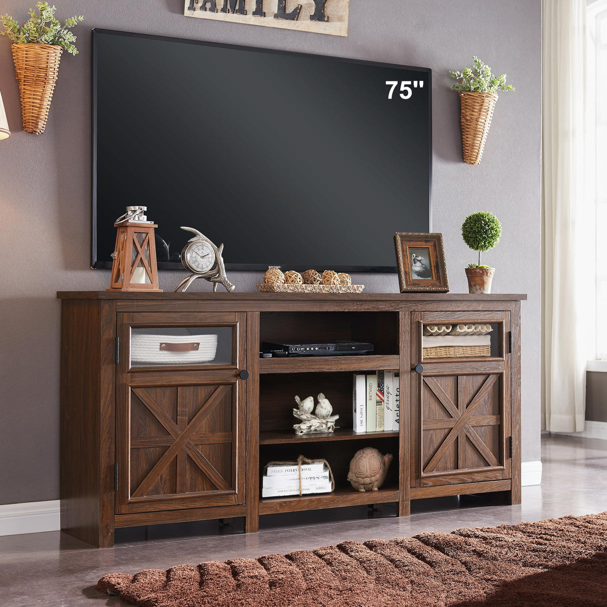 JXQTLINGMU Farmhouse TV Stand for 75 Inch TV, Entertainment Center with Storage, Modern TV Cabinet with Barn Doors, 66" Rustic TV Console for Living Room, Adjustable Shelf - Brown JXQTLINGMU