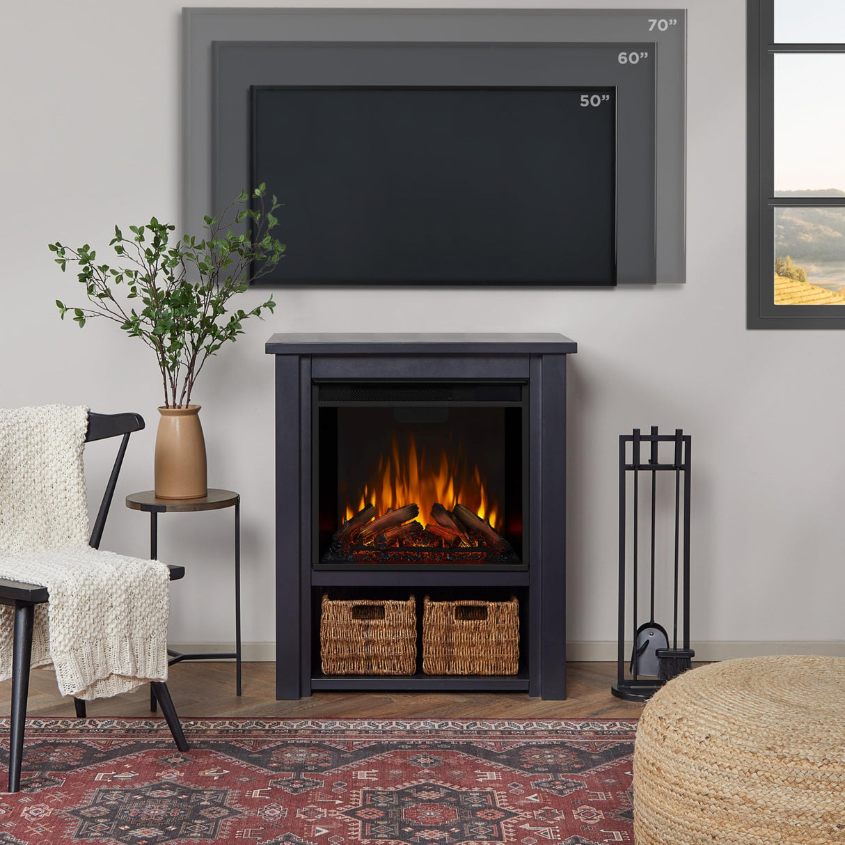 Real Flame Black Hollis Electric Fireplace - Freestanding with Remote Control - 6 Flame Colors & 5 Brightness Levels, Black Real Flame