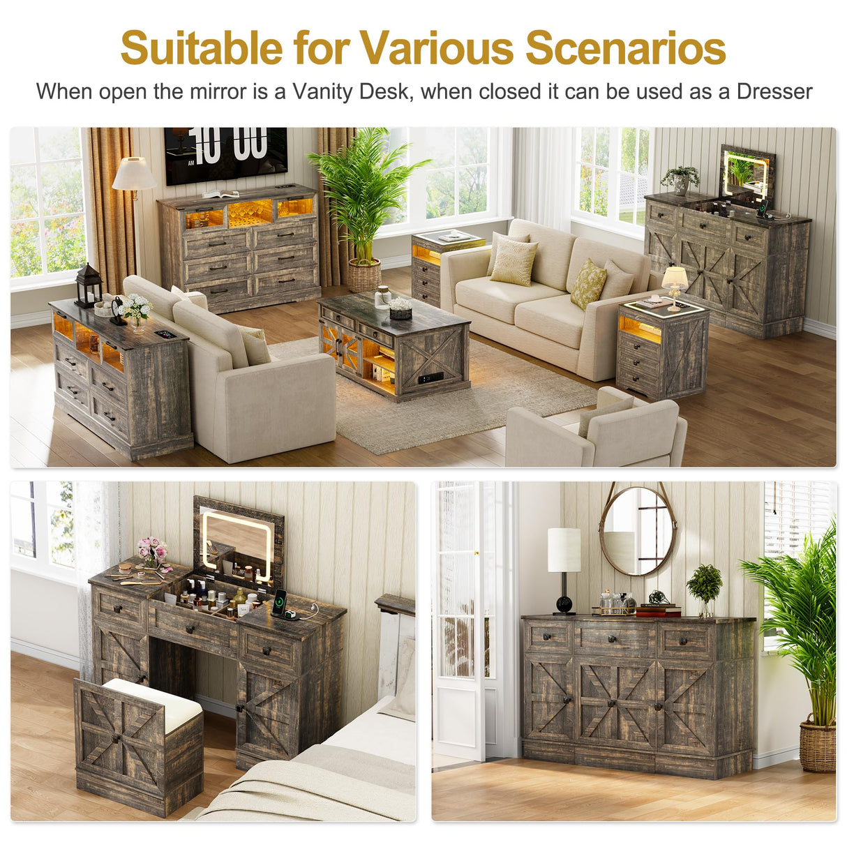 MDGC 3 in 1 Vanity Desk with Mirror and Lights, Farmhouse Dressing Table with Charging Station, Compact Makeup Vanity Table with 3 Drawers, Adjustable Shelves & Hidden Storage Stool (Rustic Brown) MDGC