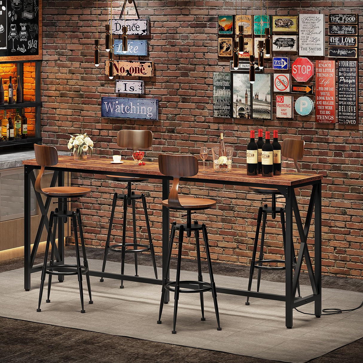 CHOEZON 70.9'' Bar Table, Kitchen Dining Table with Power Outlet and Footrest, Industrial Style, for Pub, Living Room, Rustic Brown and Black TBT08UBF CHOEZON