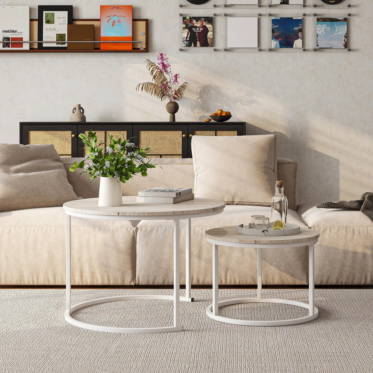 HOJINLINERO Round Coffee Table Set of 2 End Tables for Living Room,Modern White Coffee Table Nesting Tables,Living Room Tables Wood Furniture Metal Frame,Sturdy Stacking Side Tables,Easy Assembly,Oak HOJINLINERO