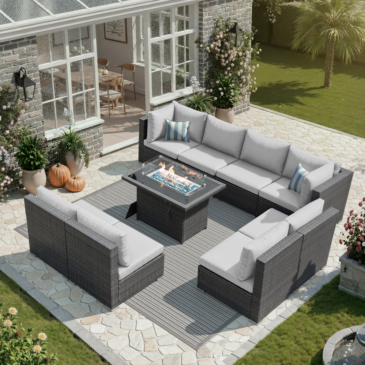 NICESOUL 29.3'' High Back Outdoor Patio Furniture Set with Firepit Natural Gas & Propane, 9 Piece Extra Large Conversation Set with Fire Pit Table, Modern Deep Wide Modular Wicker Sofa Couches, Gray NICESOUL