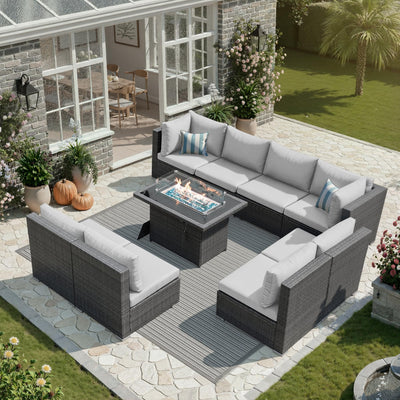NICESOUL 29.3'' High Back Outdoor Patio Furniture Set with Firepit Natural Gas & Propane, 9 Piece Extra Large Conversation Set with Fire Pit Table, Modern Deep Wide Modular Wicker Sofa Couches, Gray