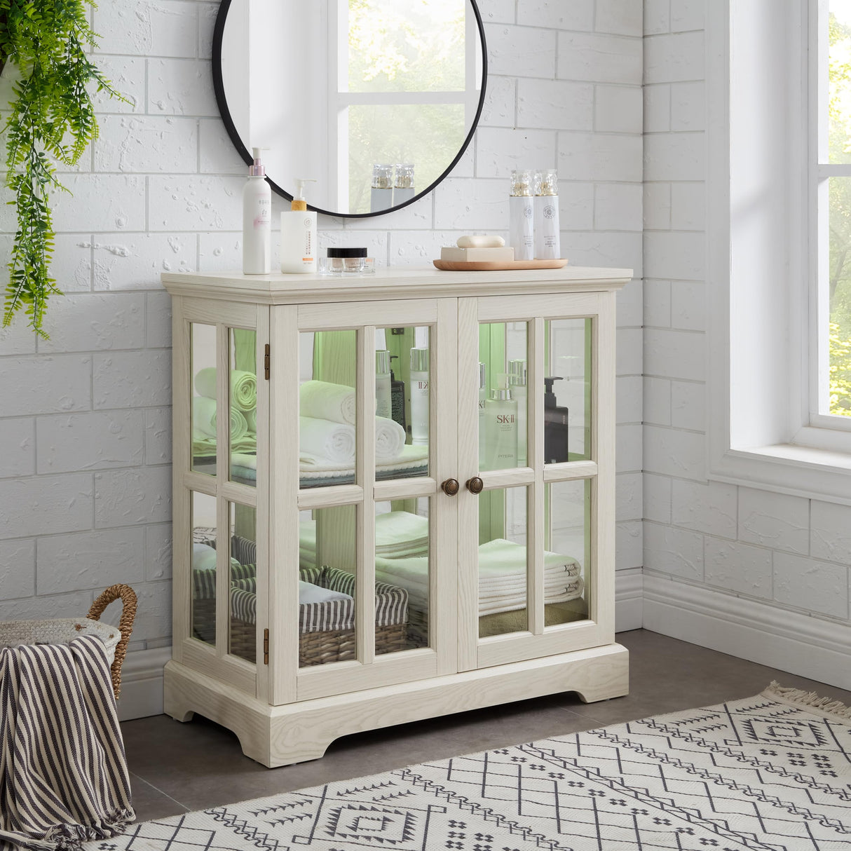 KEIKI Curio Cabinet, Lighted Glass Display Cabinet w/ 2 Glass Doors & Adjustable Shelves, Lighted Showcase with LED Light Strip, White KEIKI