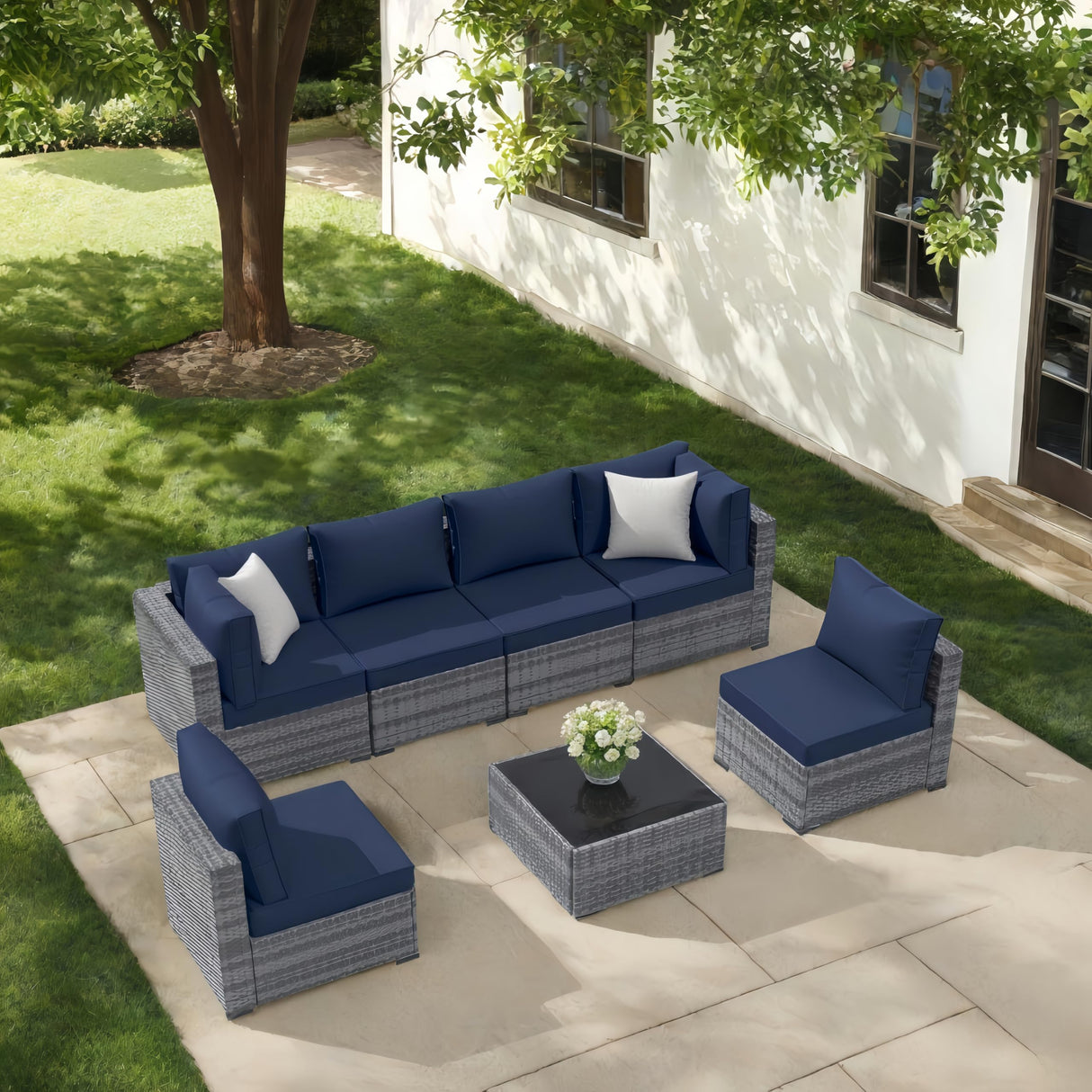 XTWEEX 7-Piece Outdoor Sectional Sofa Set, Wicker Patio Furniture with Navy Blue Cushions for Your Villa, Balcony, Porch, Backyard, Gray Rattan XTWEEX