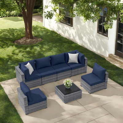 XTWEEX 7-Piece Outdoor Sectional Sofa Set, Wicker Patio Furniture with Navy Blue Cushions for Your Villa, Balcony, Porch, Backyard, Gray Rattan