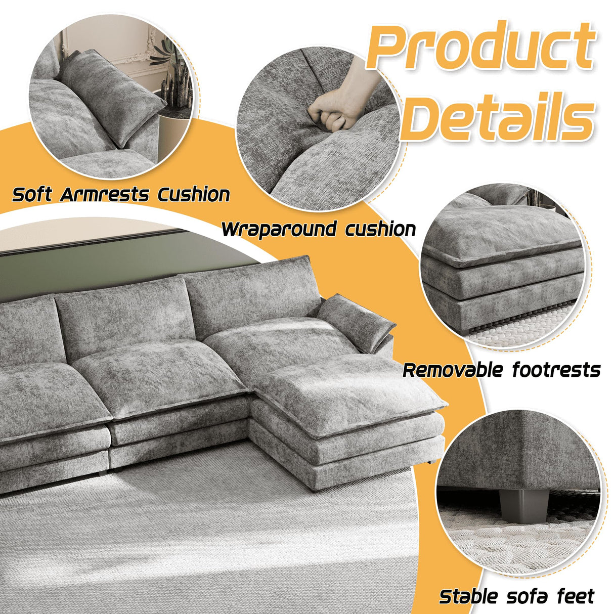 Shahoo Sectional Modular Sofa U Shaped Chenille Fabric Couch with High Supportive & Soft Sponges and Removable Ottoman, Sleeper Comfy Upholstered Furniture for Living Room, Grey Shahoo