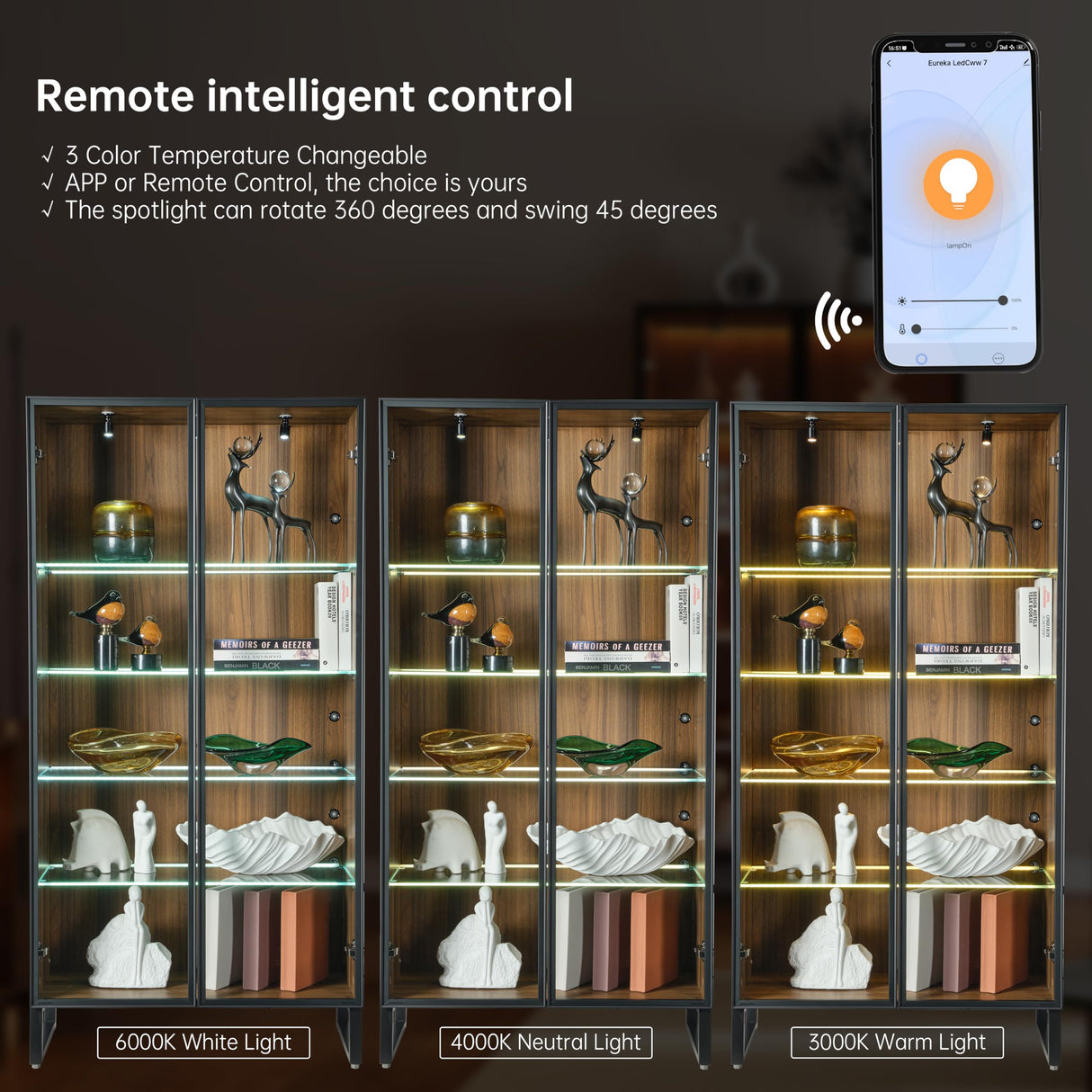 EUREKA ERGONOMIC Curio Cabinet with LED Lights, 4-Tier Adjustable Shelves Display Storage Cabinet Tempered Glass Door Tall Showcase for Collectibles Figurines Home Office Living Room Bedroom, Walnut EUREKA ERGONOMIC