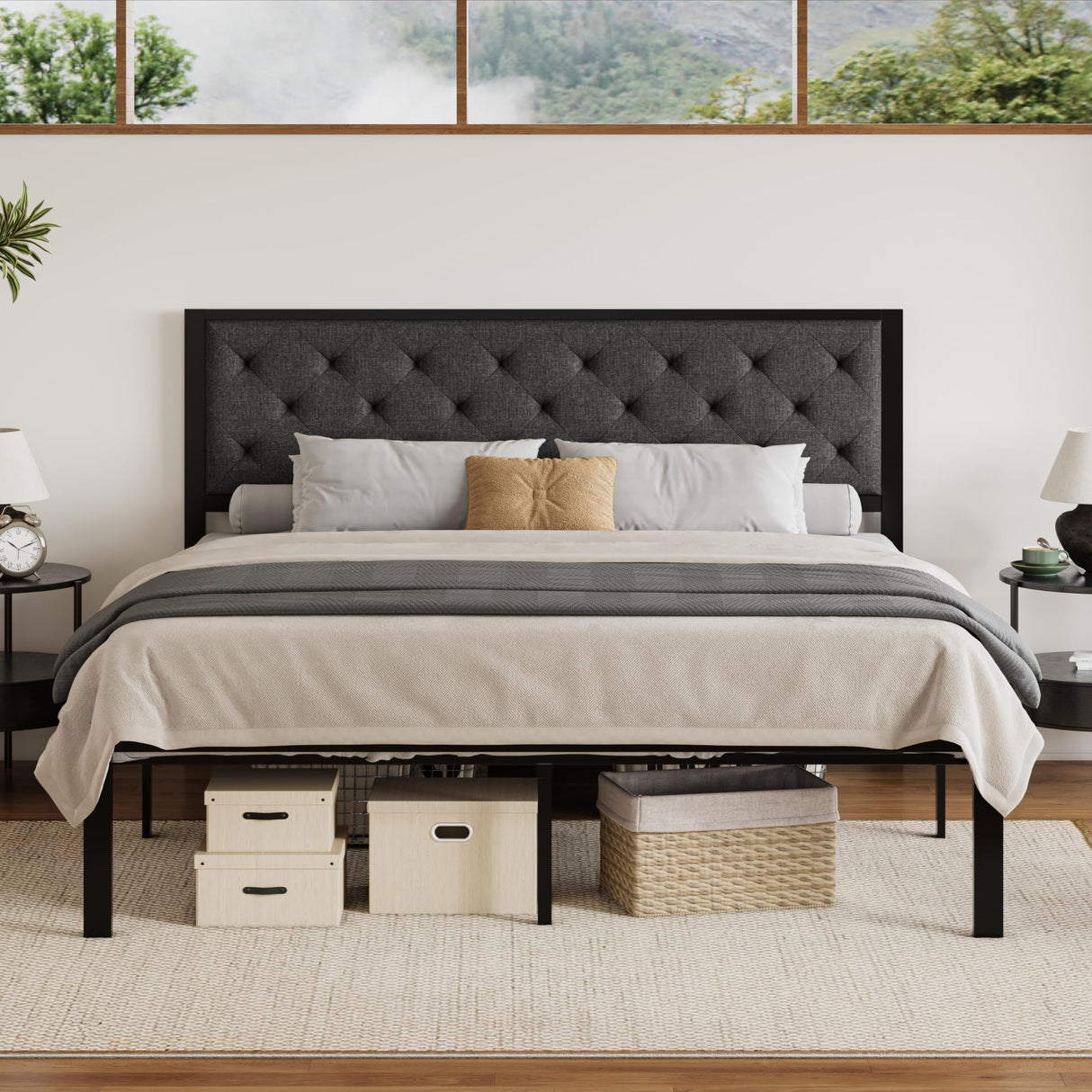 SHA CERLIN King Size Metal Platform Bed Frame,Linen Upholstered Button Tufted Headboard, Mattress Foundation with 12.4” Under-Bed Storage, Noise-Free, Easy Assembly, No Box Spring Needed, Dark Grey SHA CERLIN