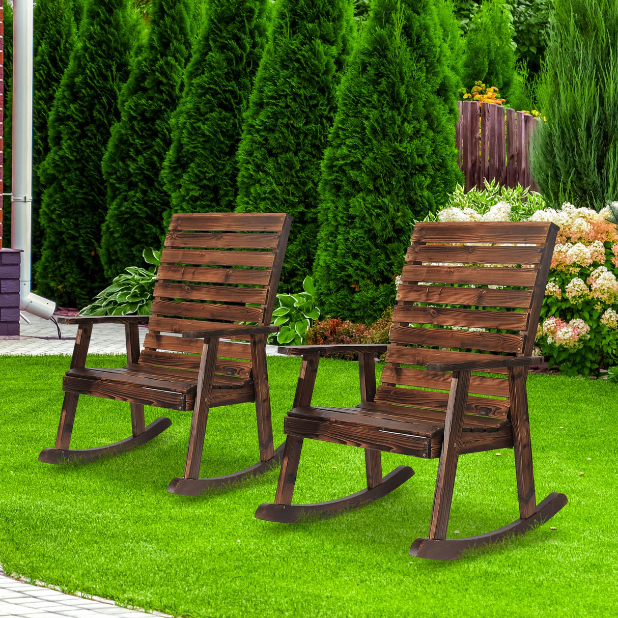 FURNDOOR Outdoor Rocking Chairs Set of 2, Patio Wood Rocker Chairs High Back 2PCS Rocking Chairs for Deck, Garden, Backyard, Porch FURNDOOR