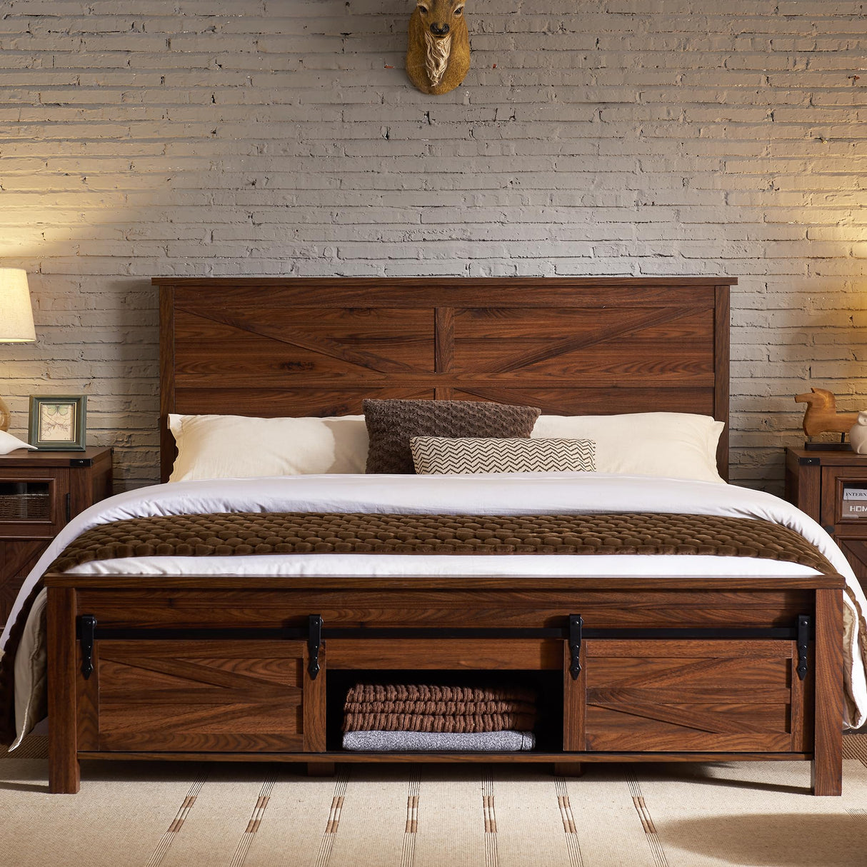 Farmhouse King Bed Frame with Sliding Barn Door Storage and Solid Wood Support, Brown JXQTLINGMU