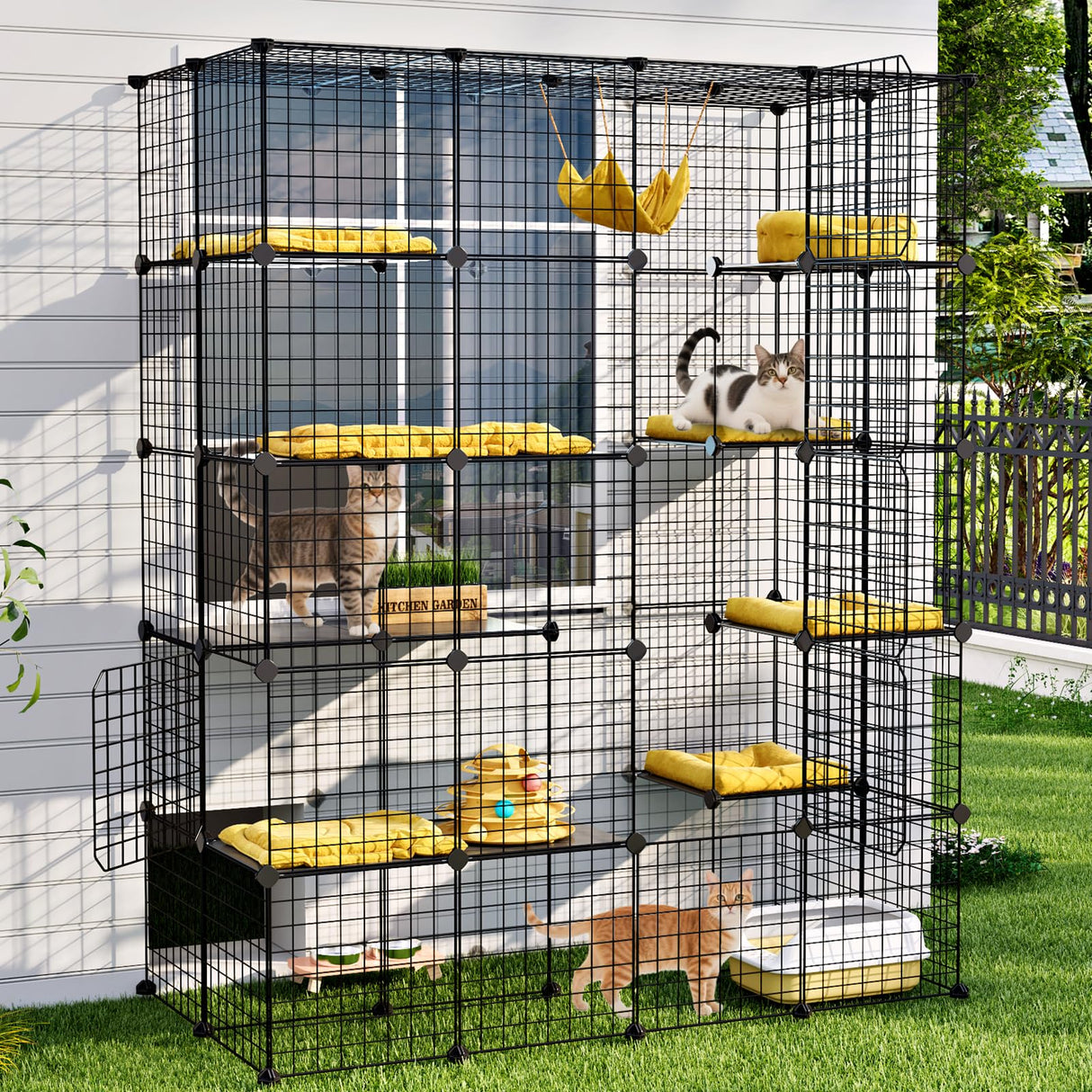 Oneluck Large Outdoor Cat House Catio Enclosure, DIY Cage Kennels Crate Spacious Exercise Place Ideal for 1-6 Cats, 55.1" L x 28.7" W x 69.8" H Balcony Playpen with 16 Platforms Super Large Door Oneluck