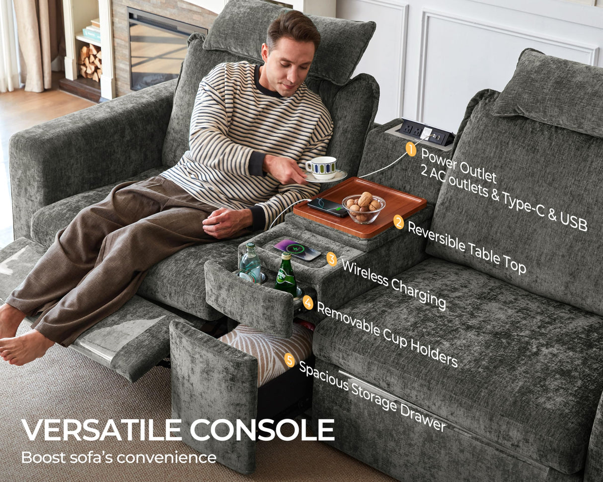 Bedeep Oversized Modular Home Theater Sofa Bed Cloud Couch Sectional, Plush Sleeper Sofa with Versatile Console, Convertible Side Table Charging Storage Cup Holder, Hardware Connected, Chenille, Grey Bedeep