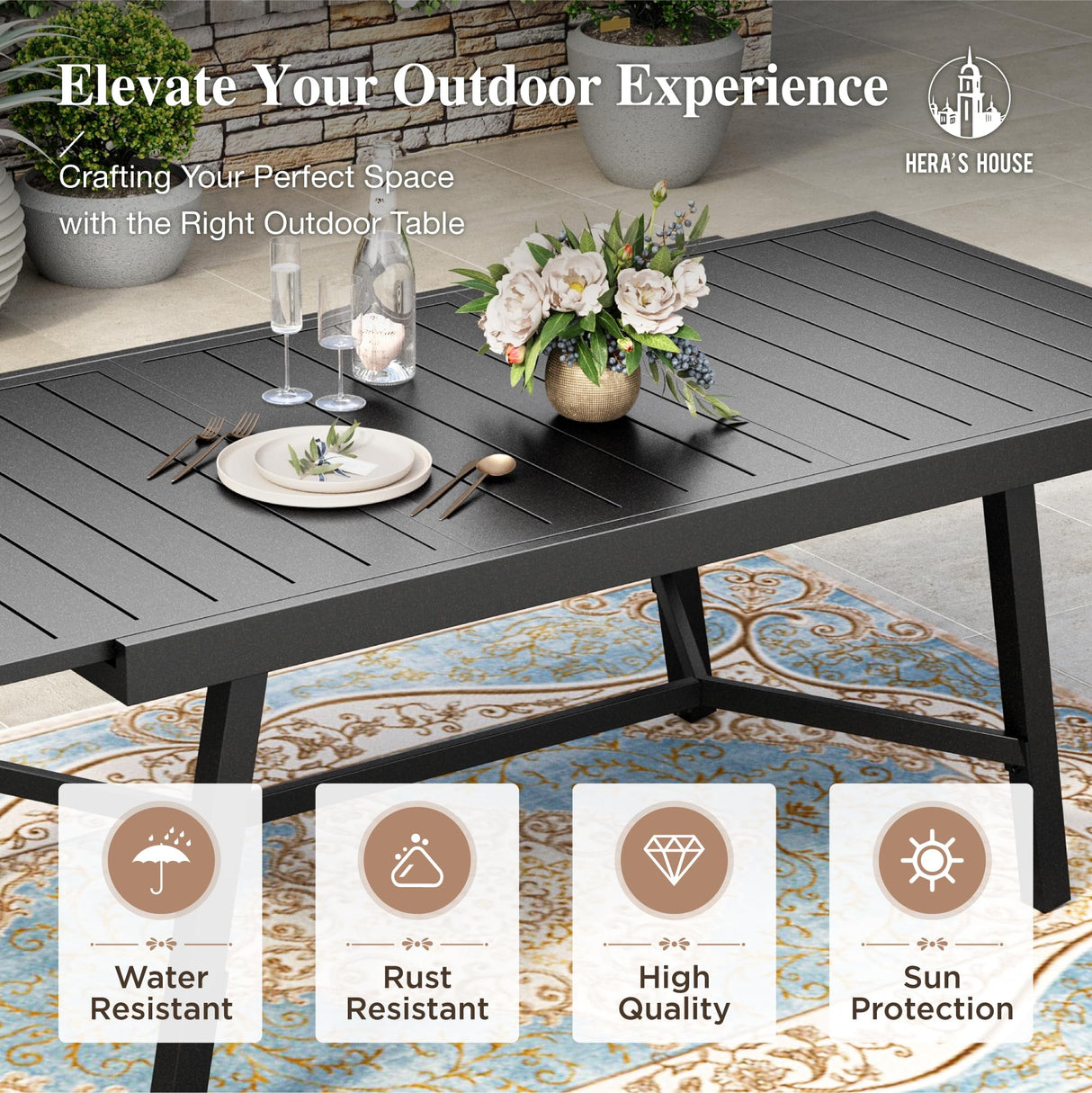 HERA'S HOUSE Extendable Patio Table and Chairs Set for 8, 9 Pieces Outdoor Dining Sets, 61"-84" Rectangular Metal Table with Chairs for Deck Lawn Garden Porch HERA'S HOUSE