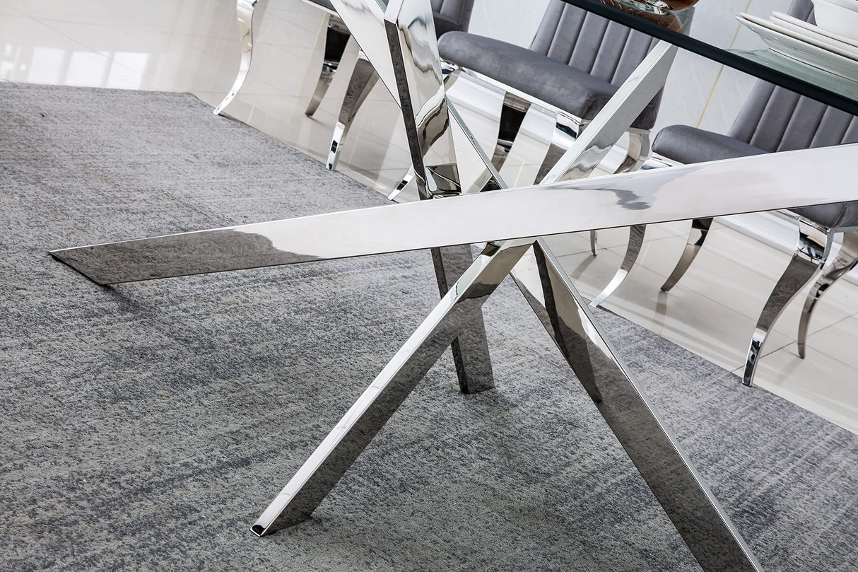 79" Large Dining Table, Glass Kitchen Table for 8-10 Person, Modern Dining Room Table with 0.39" Thick Tempered Glass Top and Silver Stainless Steel Pedestal Base, Big Dining Room Table for Home Pvillez