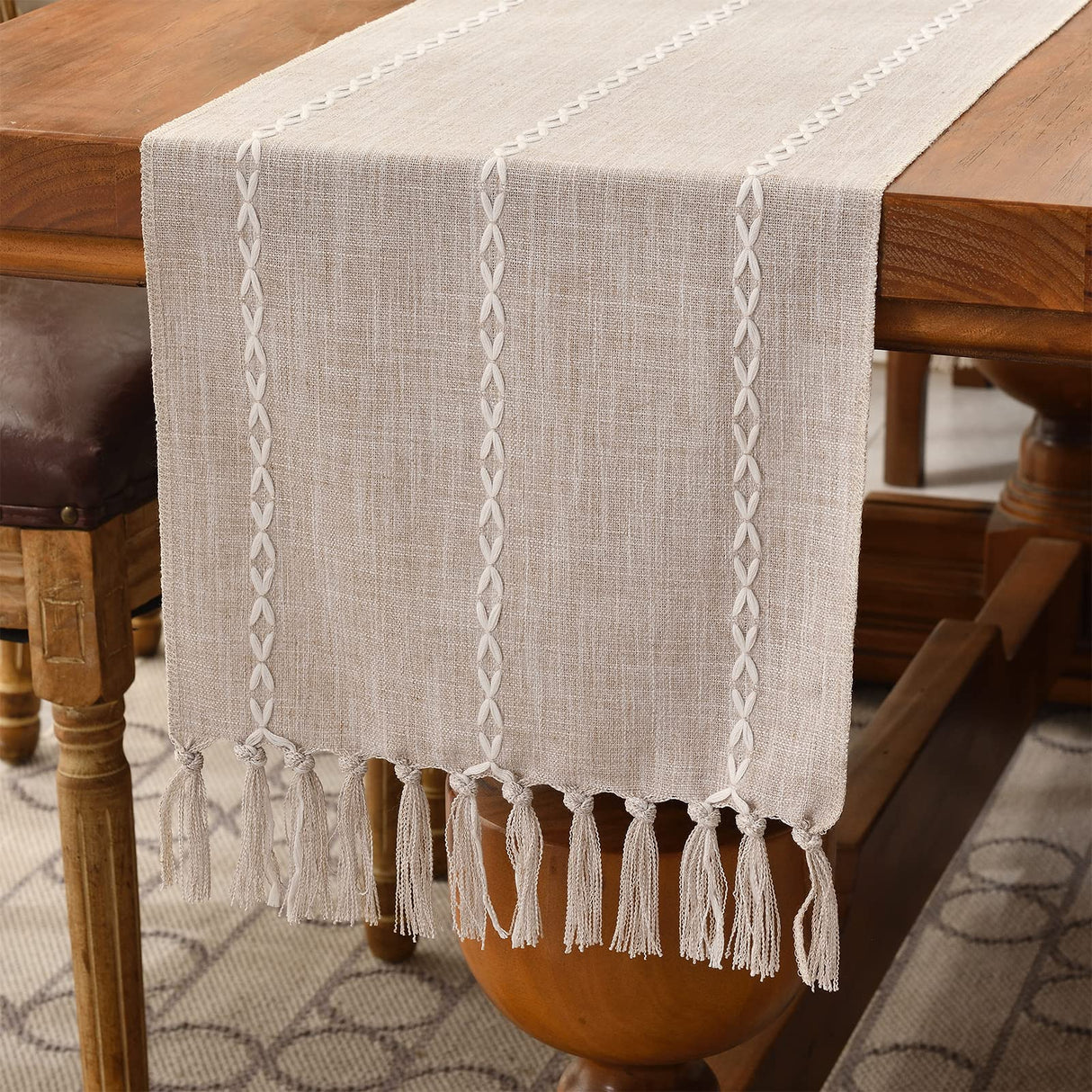 Wracra Rustic Linen Table Runner Farmhouse Style Table Runners 72 inches Long Embroidered Fall Table Runner with Hand-Tassels for Party, Dresser and Dining Room Decorations(Light Coffee, 13"×72") Wracra