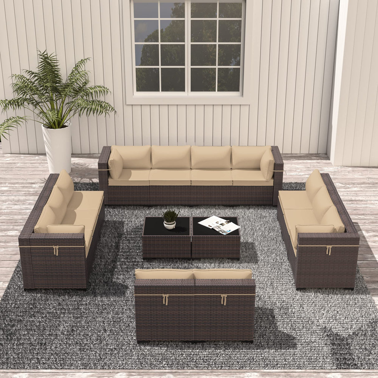ASJMR Outdoor Patio Furniture Set, 14 Pieces Outdoor Sectional Furniture Patio Sofa, All-Weather PE Rattan Patio Conversation Set with Tempered Glass Top Table & Cushions(Brown). ASJMR