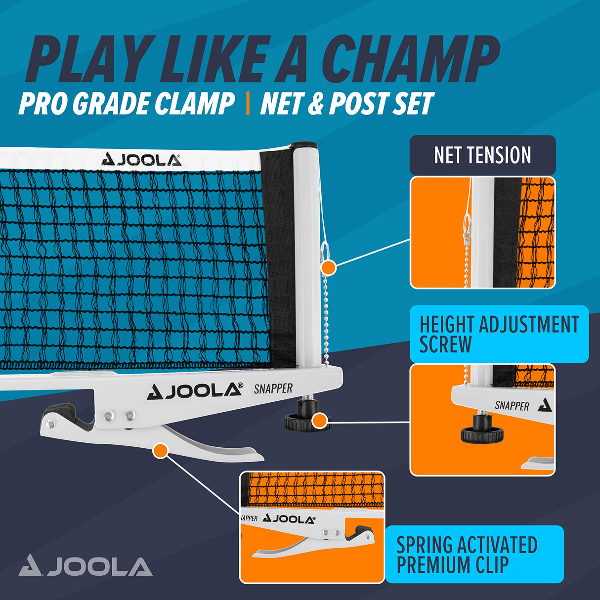 JOOLA Snapper Professional Table Tennis Net and Post Set - Portable and Easy Setup 72" Regulation Size Ping Pong Spring Activated Clamp Net, Silver JOOLA