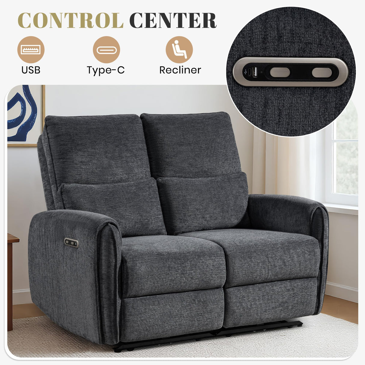 53.5" Zero Wall Hugger Power Reclining Loveseat Sofa with USB & Type-C Ports, Electric Recliner Loveseat with Lumbar Pillows, Small Space Wall Hugger Reclining Couch for Living Room & RV (Dark Grey) LURVIA