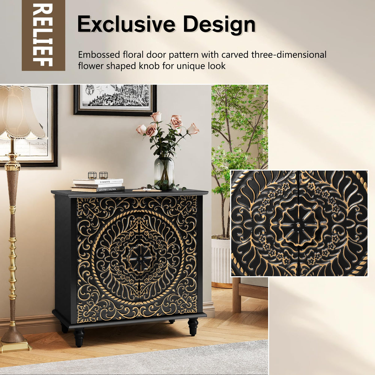 ARTPOWER Accent Cabinet with 2 Doors, Decorative Storage Cabinet with Carved Flower Pattern, Black Sideboard Buffet Cabinet, Wood Credenza with Storage for Entryway, Living Room, Kitchen, Dining Room ARTPOWER